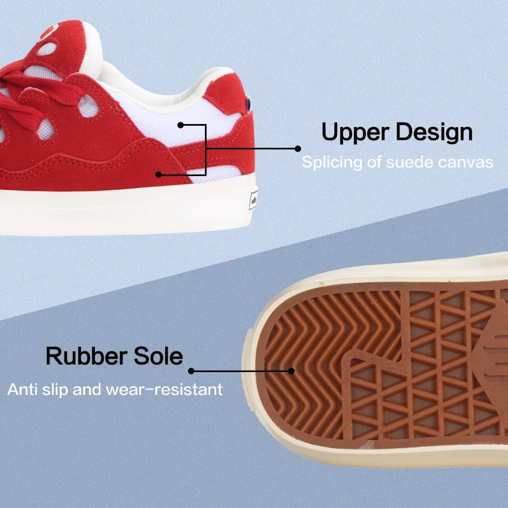 Ollieskate Red & White Color Matching Suede Canvas Skateboard Shoes for Men & Women Retro Streetwear Sneakers