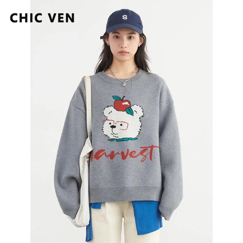

CHIC VEN Women Sweaters Casual Loose O-Neck Cartoon Contrast Jacquard Knit Pullovers Female Jumpers Spring Autumn New 2025