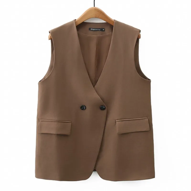 2023 Autumn Women Sleeveless Jacket Plus Size Casual Clothing MD-LONG Double Breasted Suit Vest Curve Outwear K6 2326