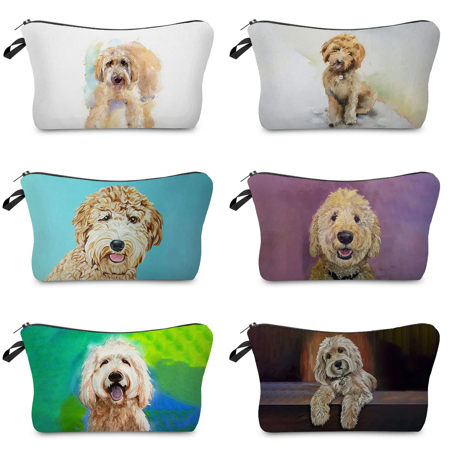 Portable Cartoon Animal Impresso Sacos Cosméticos para Mulheres, Saco De Higiene Pessoal, Saco De Maquiagem, Viagem De Praia, Pintura A Óleo De Arte, Cão Poodle Dourado