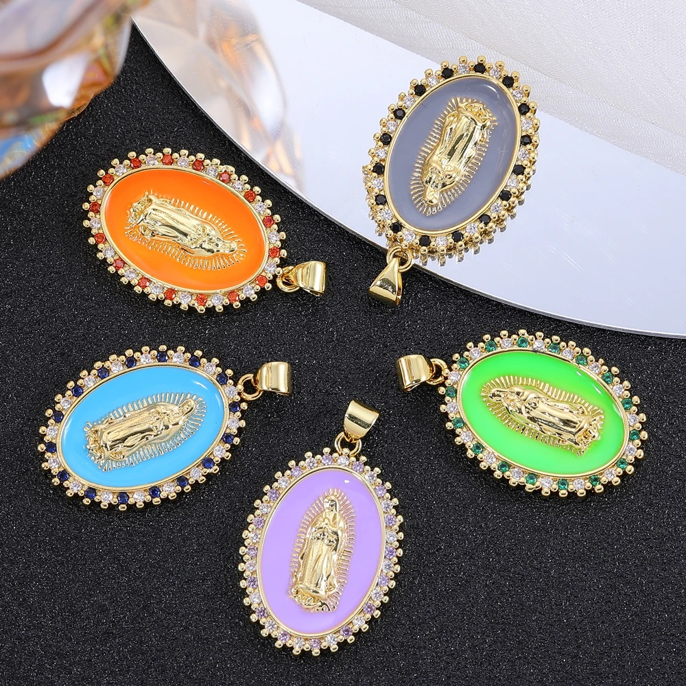 Juya Handmade 18K Gold Plated Decorative Christian Cross Enamel Saint Mary Charms For DIY Religious Rosary Jewelry Making