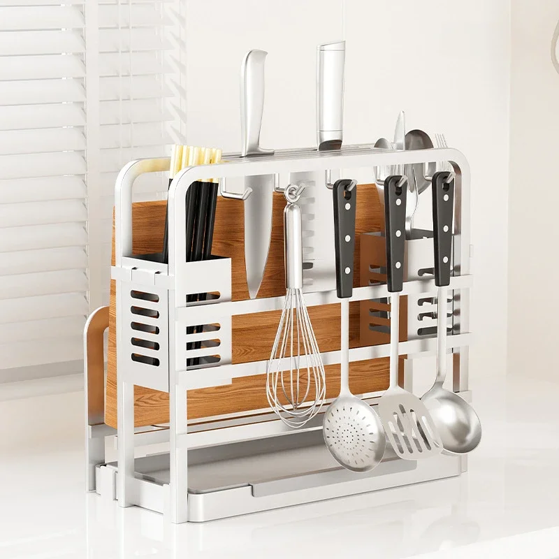 Aluminum Kitchen Knife Holder with Cutting Board Rack and Utensils Organizer,Kitchen Countertop Cutlery Drying Container Tray