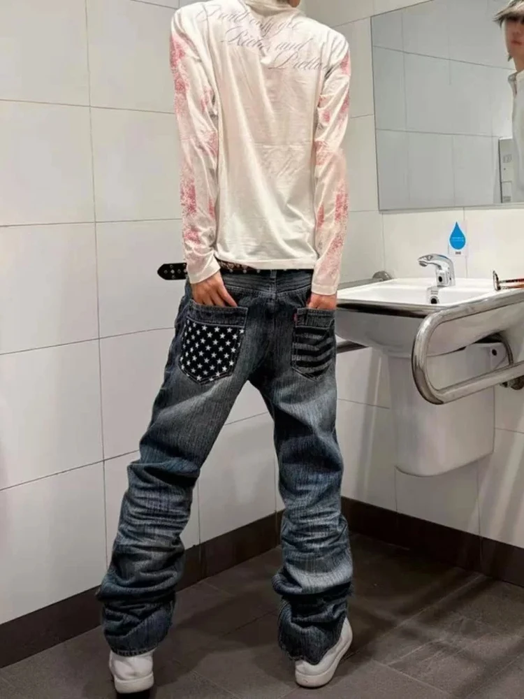 Men's Ghostly Mist Blue Denim Jeans Printed Washed Straight Tube Long Pants Street Style Retro Lightning Pattern Casual Jeans