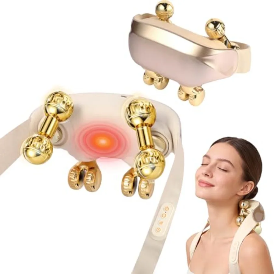 

Массажер для шеи и плеч с подогревом - Элегантный массажер цвета шампанского золота с 4D-массажем, имитирующим прижимание руками, и функцией работы без помощи рук.