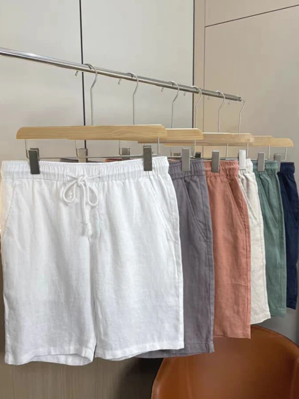 

Легкие хлопковые льняные рабочие брюки для мужчин, повседневные спортивные брюки для активного отдыха, средняя и низкая посадка, прямой крой, пятиугольные шорты