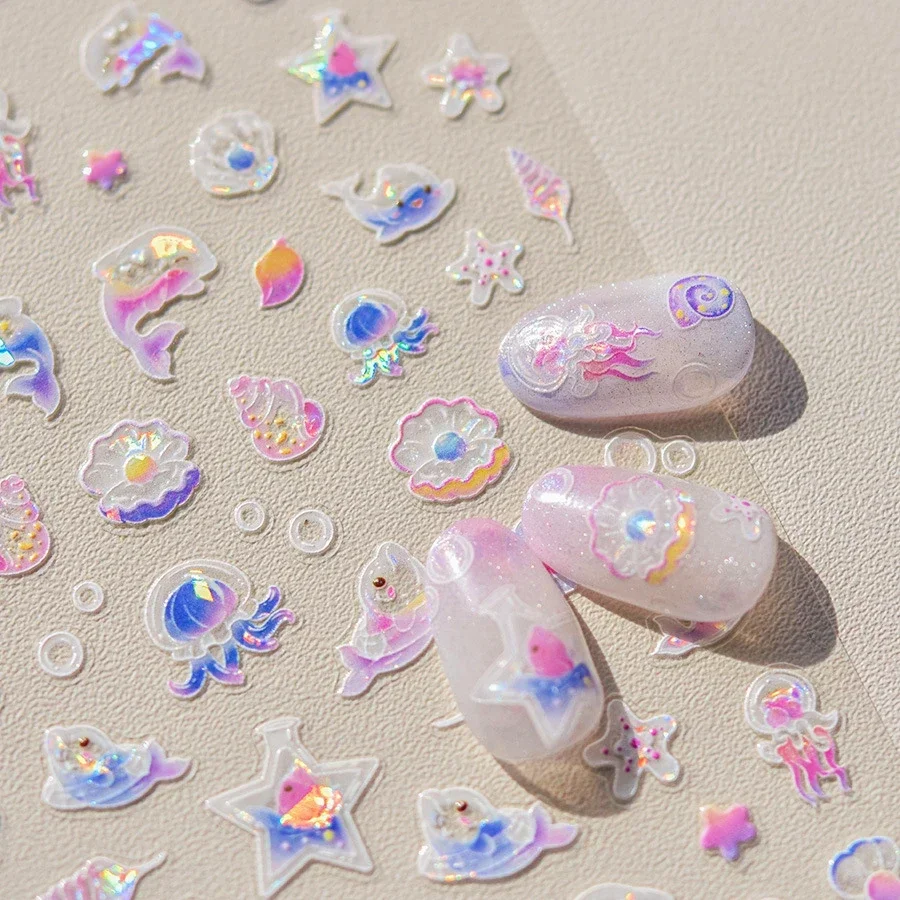 Shell Glass Dolphin Starfish Jellyfish Fantasy Beach Summer Dreamy Conch Star Decals Soft Relief 5D Decoration Nail Art Stickers