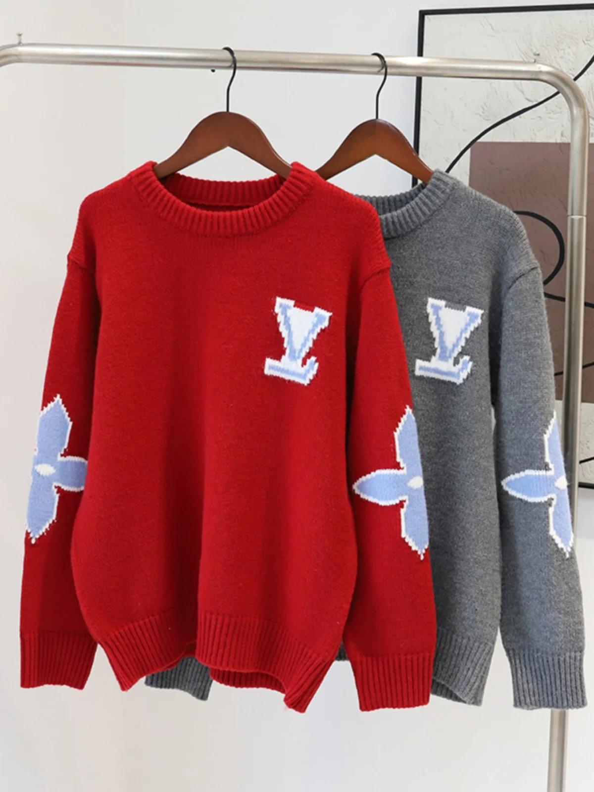 Autumn Winter Loose Fit Slimming Versatile Long Sleeve Logo round Neck Knitted Sweater Simple Style Comfortable Warmth Clothing