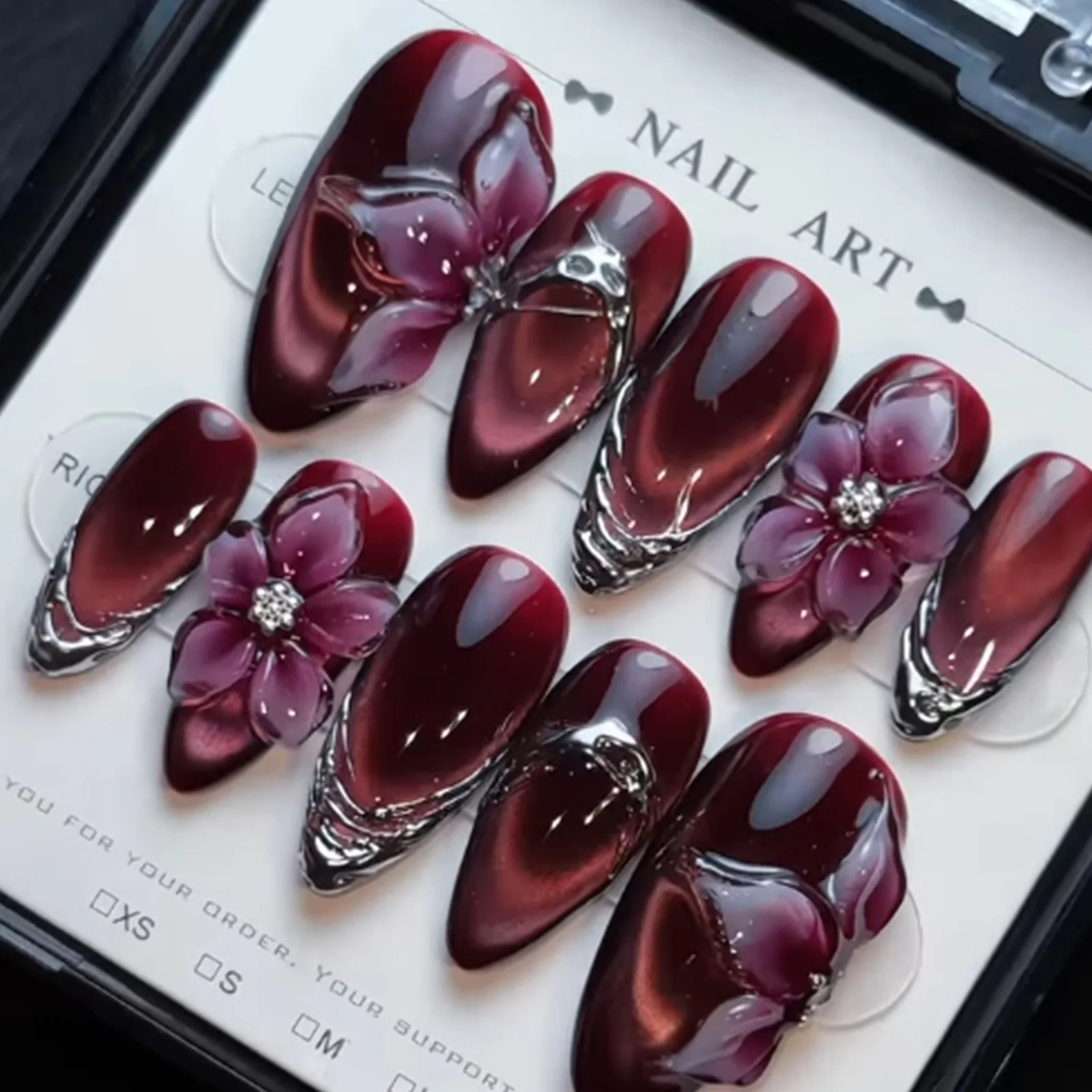 24Pcs Almond Gilded Silver French Press on Nails Wine Red Cat's Eye Wearable False Nails with 3D Flower Design Finger Nail Tips