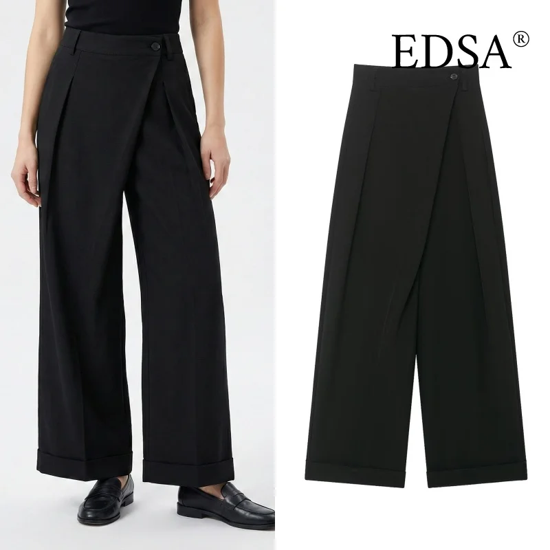 EDSA Women Black Asymmetric Waist Trousers Mid-rise Belt Loops Side Pockets for Office Lady Long Pants