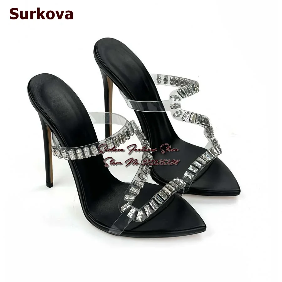 

Surkova Black Matte Clear Pvc String Beaded Modern Slippers Stiletto Heels Pointed Toe Tranparet Snake Strap Crystal Mules