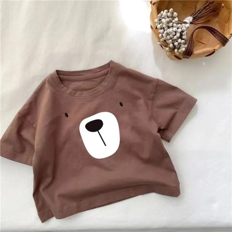 

2024 Summer New Boys Pullovers Crew Neck Solid Color Printed Cartoon Casual All-match Trendy Fashion Short Sleeve T-shirt Tops