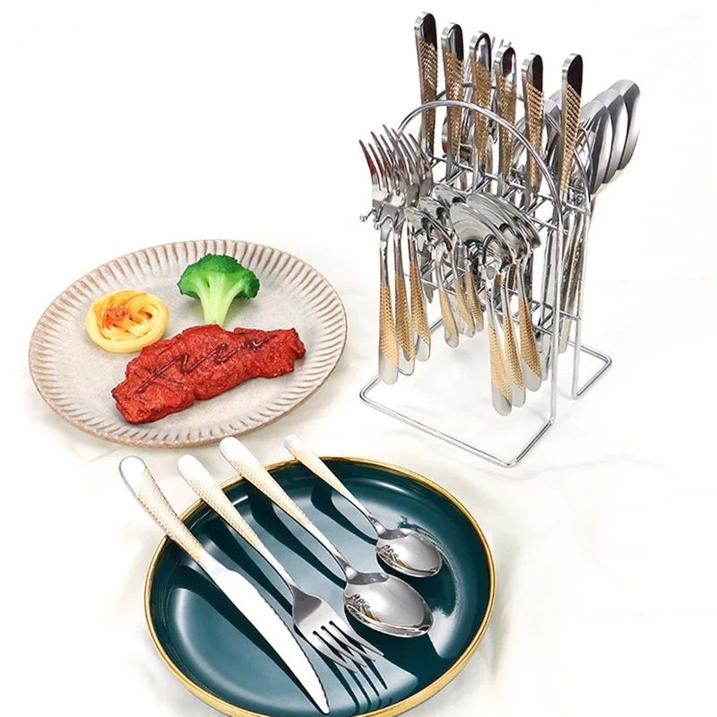 

Набор из 24-х предметов посуды из нержавеющей стали в западном стиле, четыре основные детали, нож, вилка, ложка, стойка для посуды, подарочная коробка, практичный набор