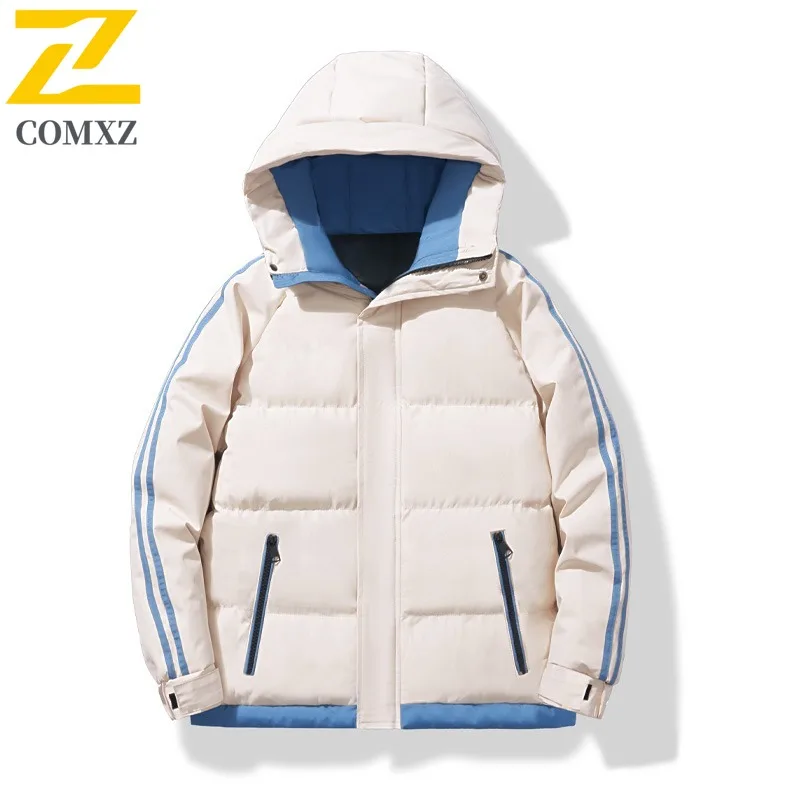 

​Men Down Cotton Jacket Winter American Style Warm Puffer Coat Thickened Fleece Lined Hooded Outerwear Cold Weather​ Windbreaker