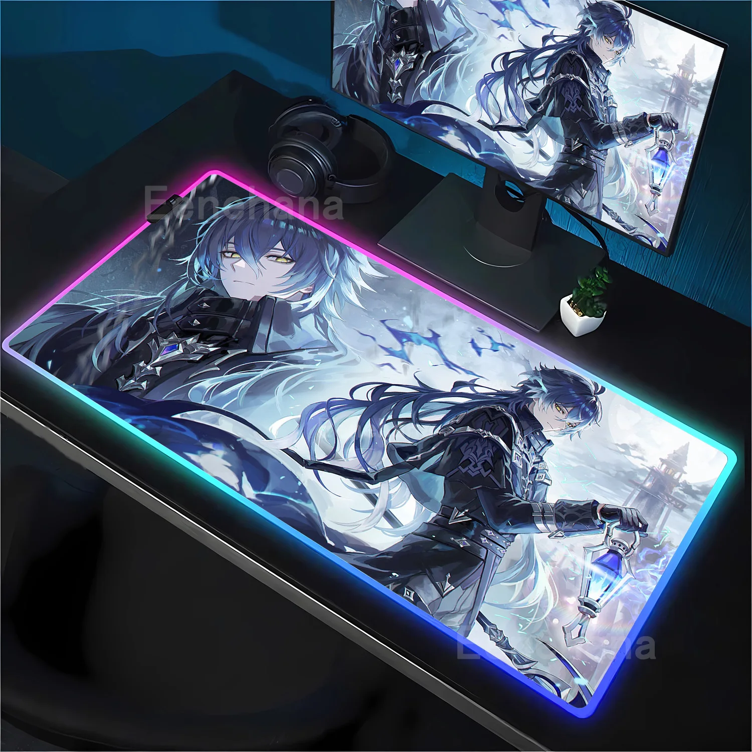 LED RGB Gaming PC Non-slip Keyboard Accessories Anime Desk Mat Genshin Impact Flins Mouse Pad Computer Lock Edge Laptop Mousepad
