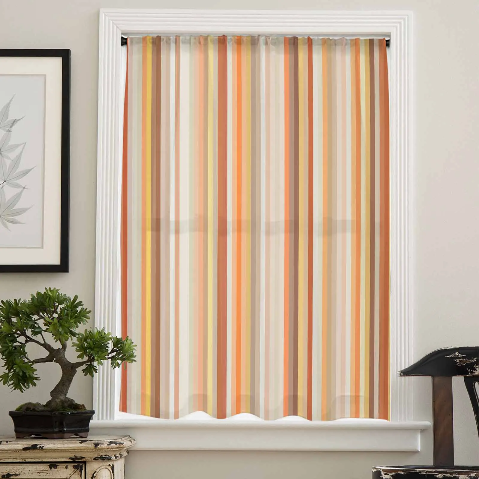 Orange Striped Geometric Abstraction Sheer Curtain Living Room Drapes Home Bedroom Voile Curtain Tulle Window Curtain