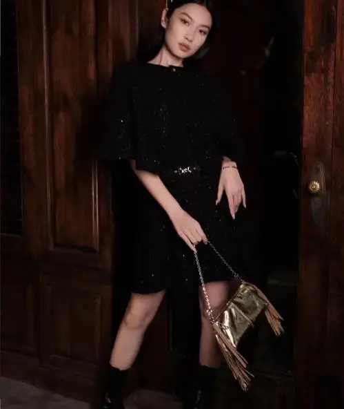 

Women two piece suit sequin dress tweed dress short sleeve cape