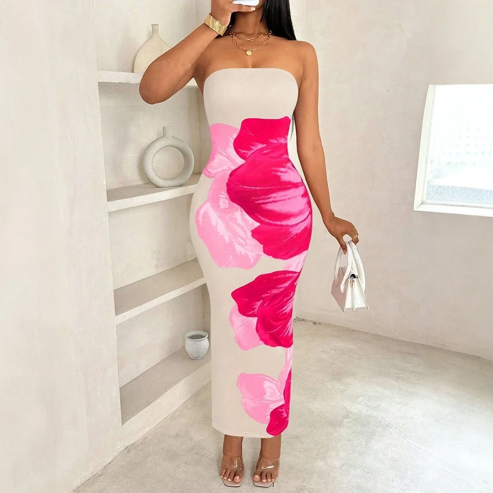 Vestidos Primavera Verano Moda Flaco Fit Floral Fuera del hombro Sin tirantes Midi Wrap Vestidos diarios para mujeres