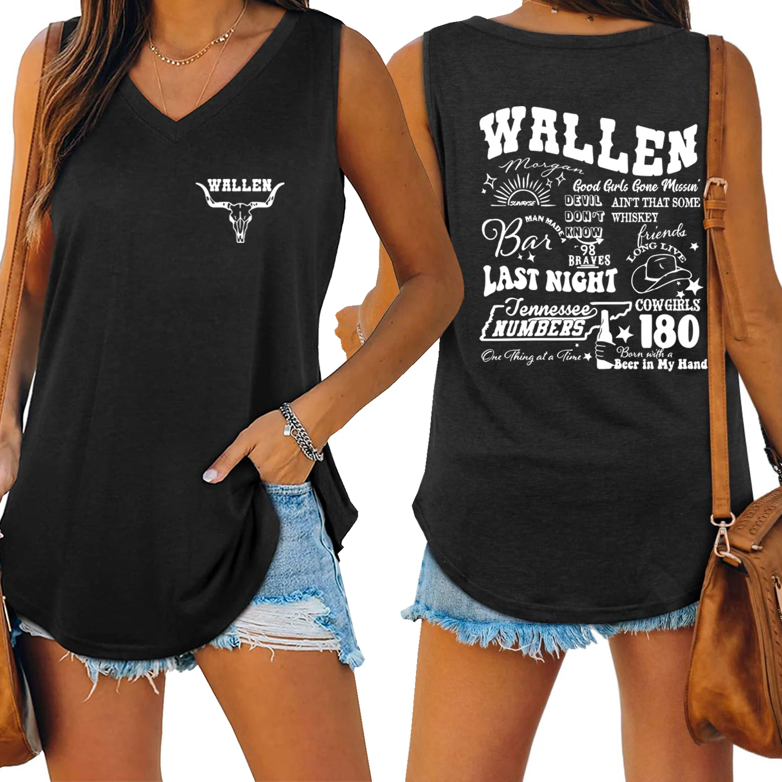 Wallen & Bull Skull Cowboy Country Western Long Live Cowgirl V-Neck Shirt for Women