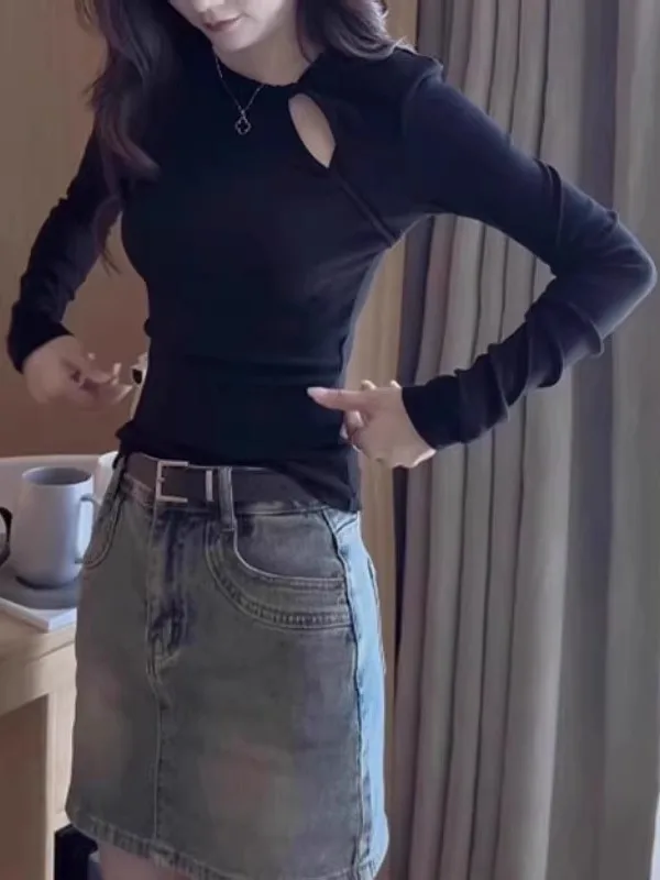 

Bla Long Sve Slim Fit Base irt Women's Inner Wear Design Sense Pleated Hollow out Top Trendy Commute Sle Korean Version