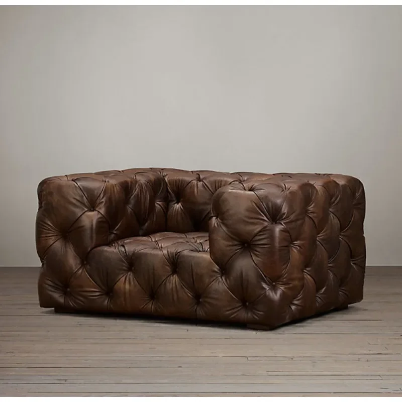 Divano in pelle a olio cerata con pulsante di tiro per mobili in legno massello retrò rurale francese moderno italiano di lusso leggero