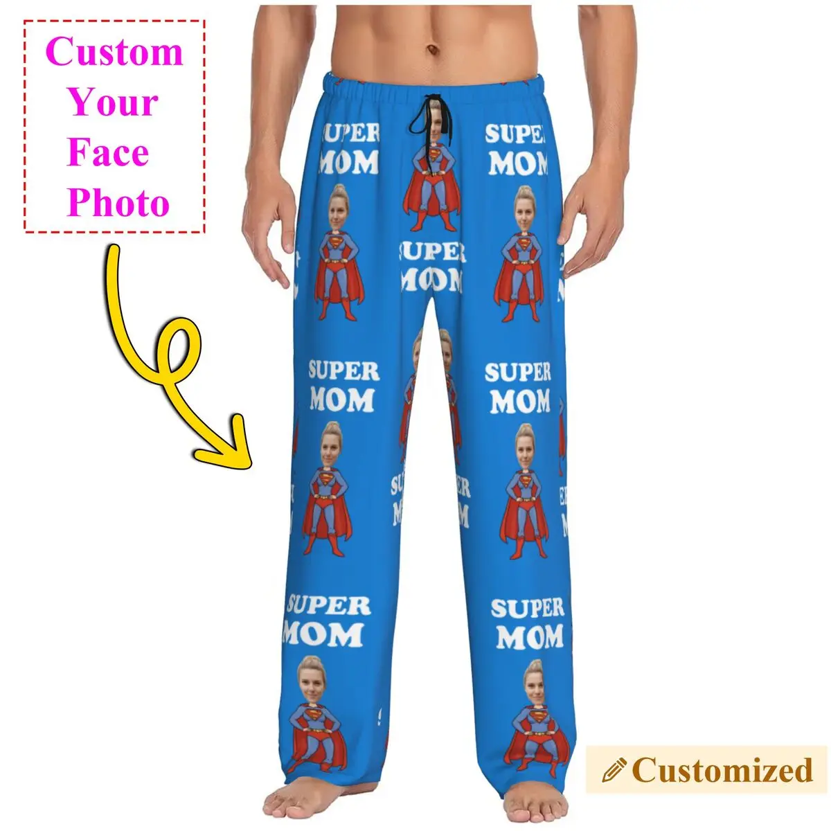 Personalized Custom Super Mom Pajama Pants for Men Diy Print Your Photo Sleep Sleepwear Bottoms with Pockets