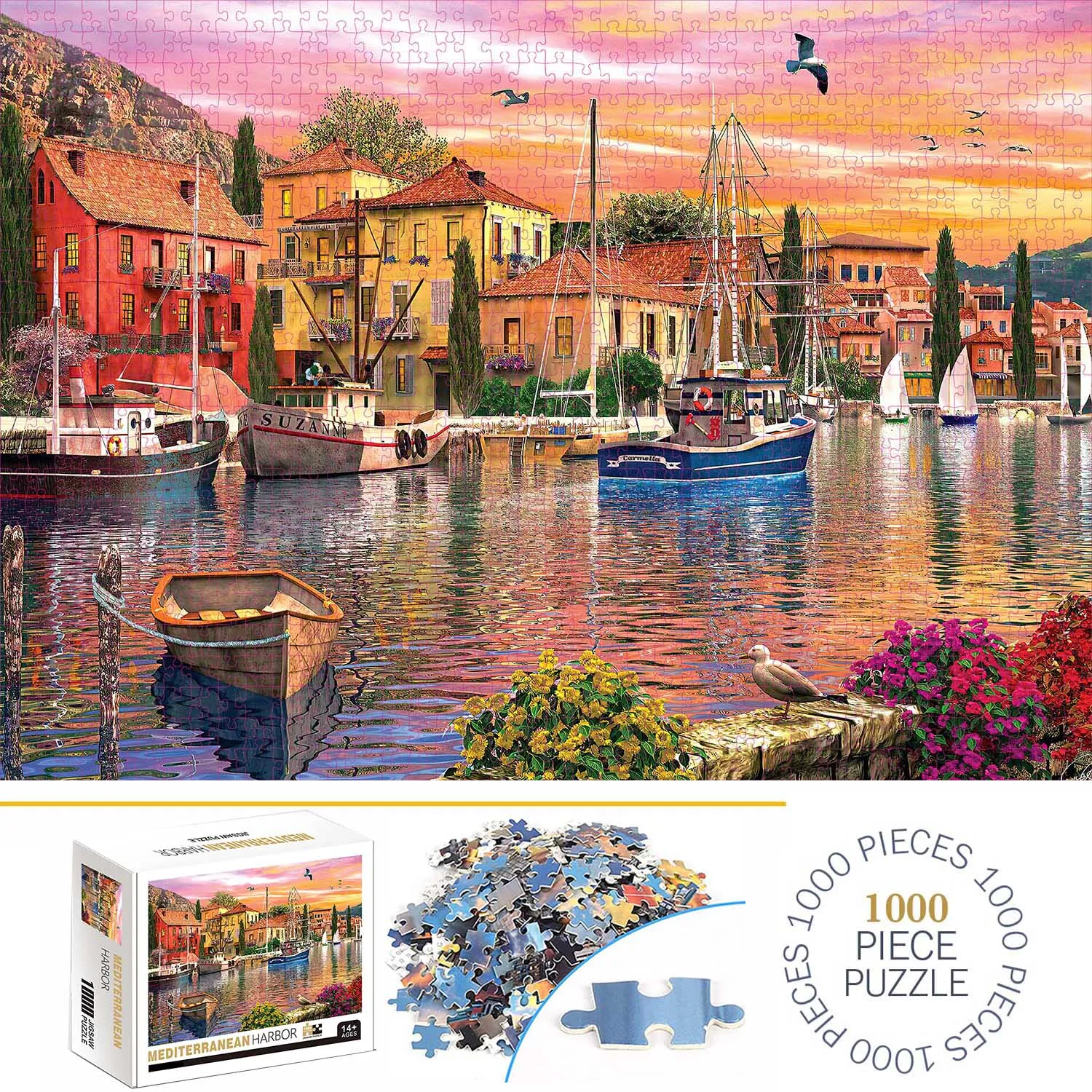 1000 Pieces Mediterranean Harbor Jigsaw Puzzles for Adults Home Decor Games Family Fun Floor Puzzles Educational Toys for Kids