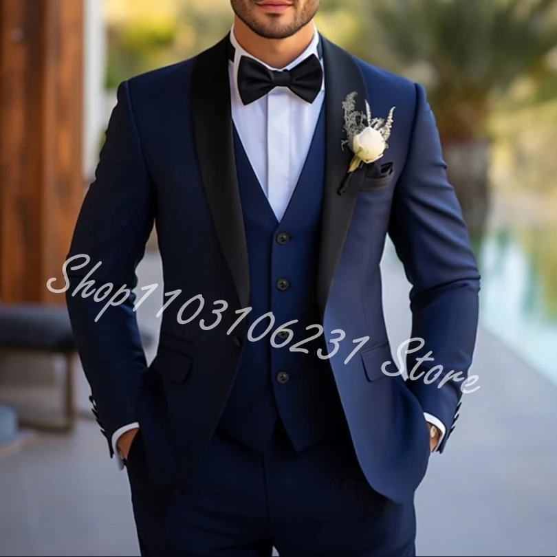 

Navy Blue Men's Wedding Party Suits Business Formal Standard Fit Suits 3 Piece Single Breasted Tuxedos Costume Homme Mariage
