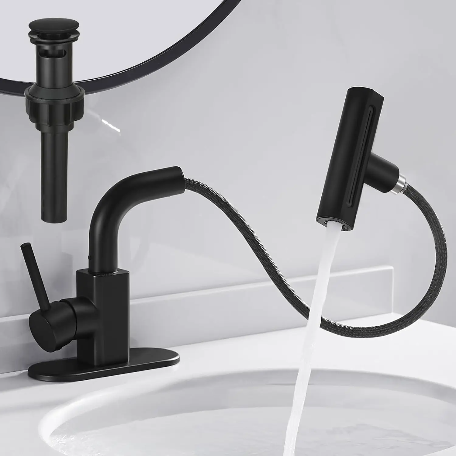 

Matte Black Bathroom Faucets with 4 Mode Pull Down Sprayer Single Handle Waterfall 360°Rotatable Bath Sink Faucet with Po