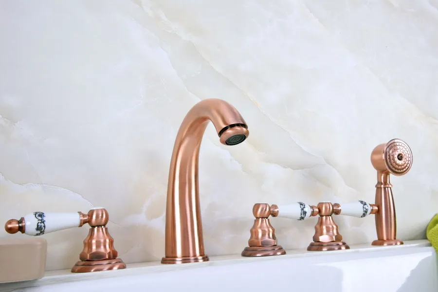 

Antique Red Copper Brass Three Levers Handles Deck Mounted 5 Holes Bathroom Tub Faucet Mixer Tap With Handshower mtf234