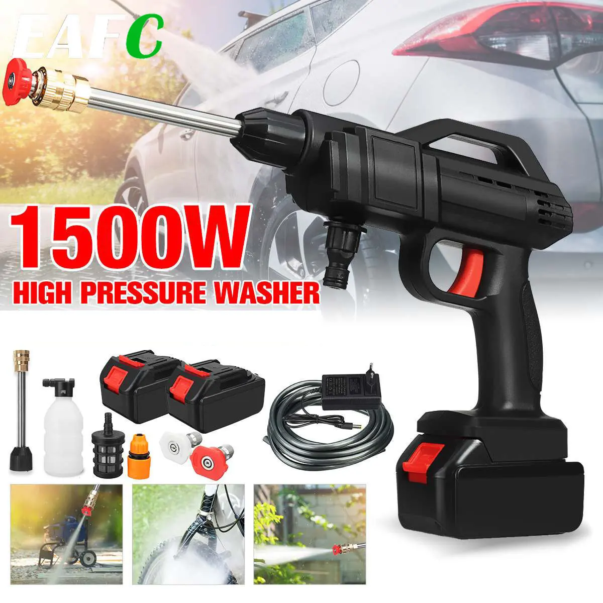 1500W Cordless High Pressure Cleaner Washer Spray Water Gun Car Wash Pressure Water Cleaning Machine