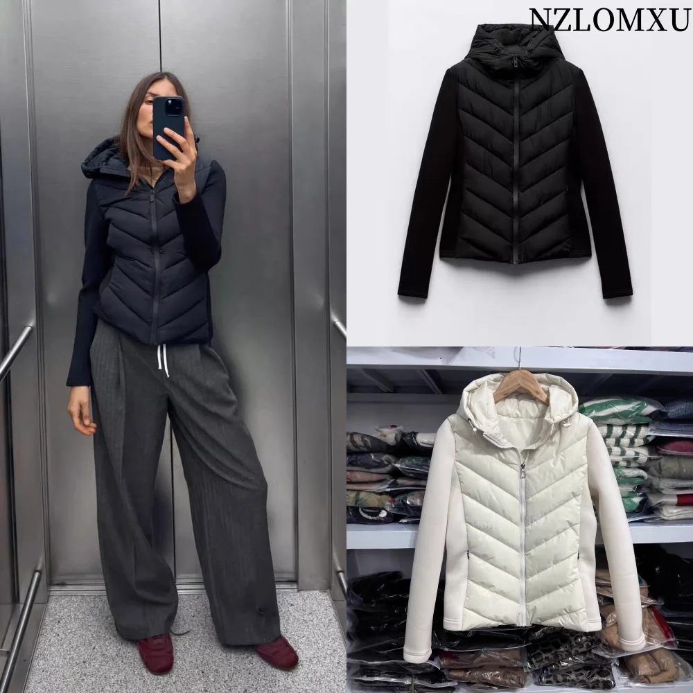 

2025 Autumn new women's fashionable casual versatile long sleeved stand collar hooded patchwork cotton jacket
