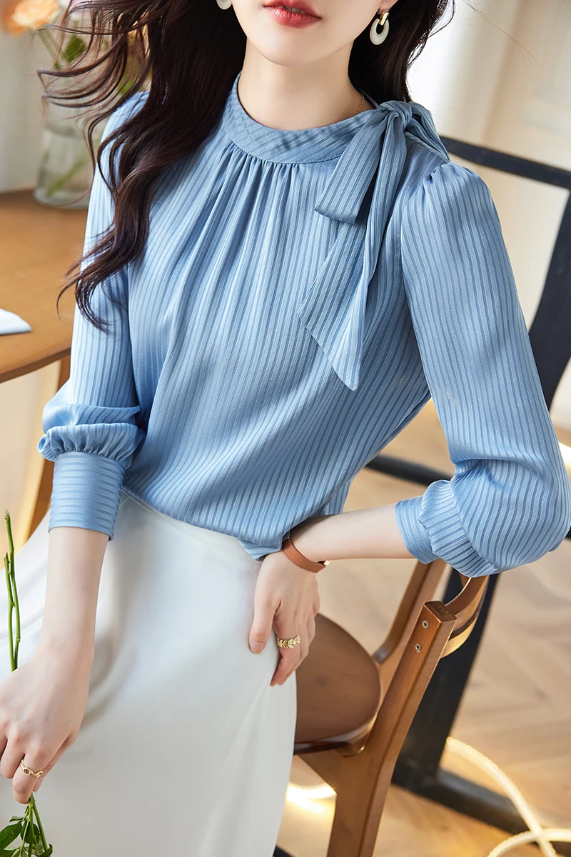 2025 Spring Summer Chiffon Blouse Women Bow Collar Elegant Hem Striped Tops Shirts For Female Size S-2XL