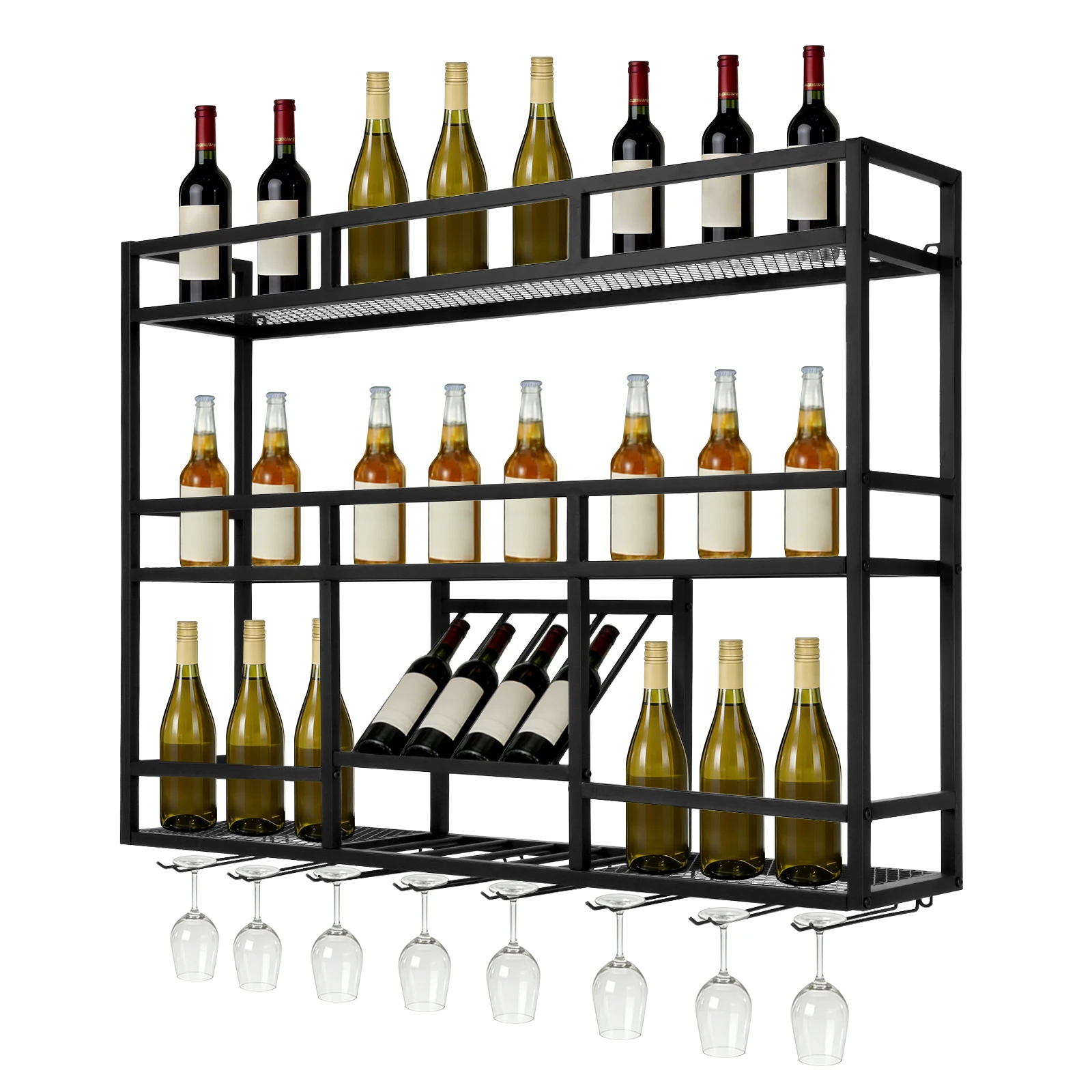 

3 Tiers Wall Mounted Wine Rack with Glass Holder Liquor Bottles Floating Shelves for Home Bar Dining Room Kitchen Living Room
