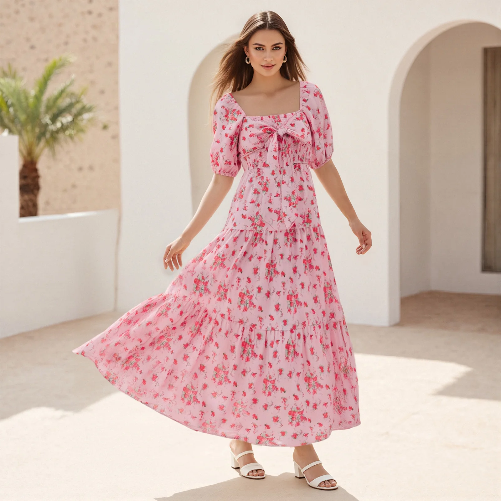 Abiti estivi da donna a maniche corte a trapezio Abito lungo da festa con fiocco grande con stampa floreale casual per cocktail