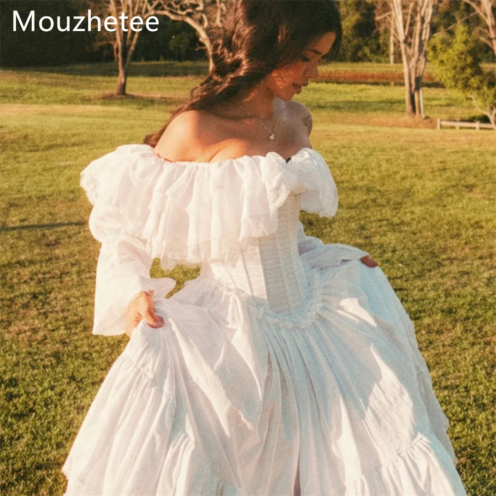 Mouzhetee A-Line Off The Shoulder Lace Pleat Wedding Dresses Elegant Long Sleeve Corset Brides Gown Custom Made 2026
