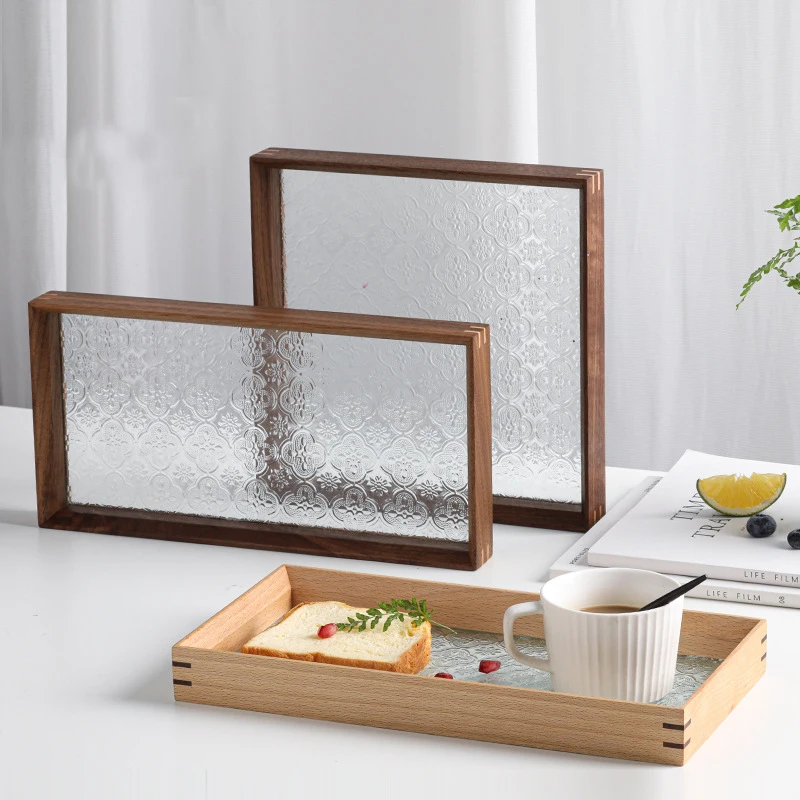 

HeMu Wooden Tray with Embossed Glass Top – Rectangular Serving Tray for Breakfast, Coffee & Decor – Multiple Sizes Available