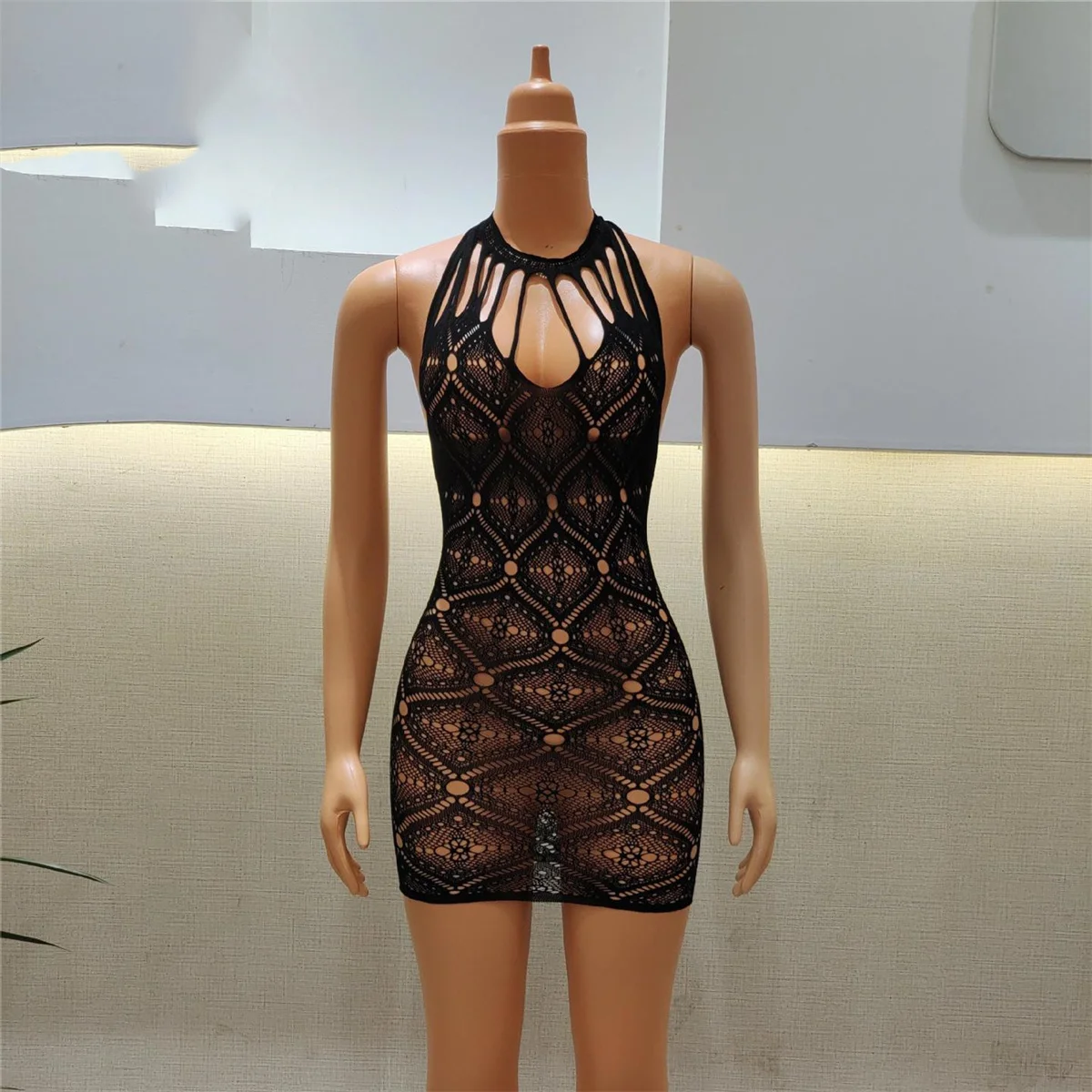 

Bodysuit Women Fashion Lace Halter Transparent Hollow Temptation Passion Fishnet Short Sexy