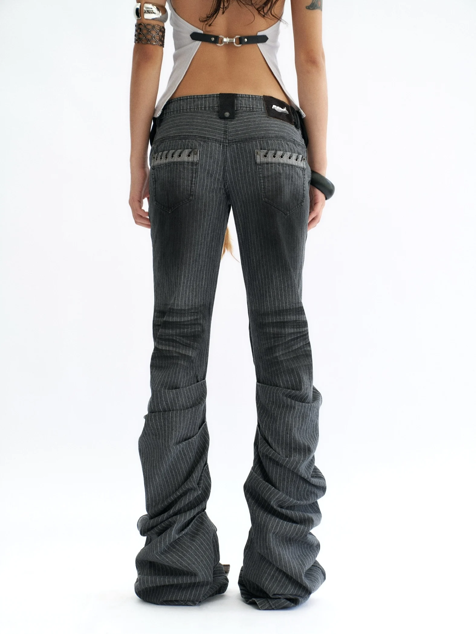 

ey Stripe Patchwork Leather Waist Bag Spray Ink Flared Jeans Casual Cotton Low Waist Zipper Fly Stand Fit Jeans