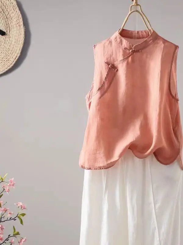 レトロ芸術的な襟付きサイドボタンノースリーブ女性のベスト夏無地オーバーヘッド唐スーツ痩身トップ