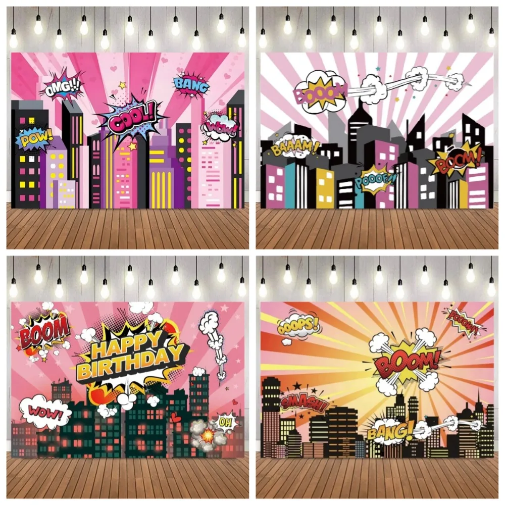 

Manga style Happy Birthday Pink Photography Backdrop, City Architecture Superhero, Birthday Party Portrait Photography Backdrop