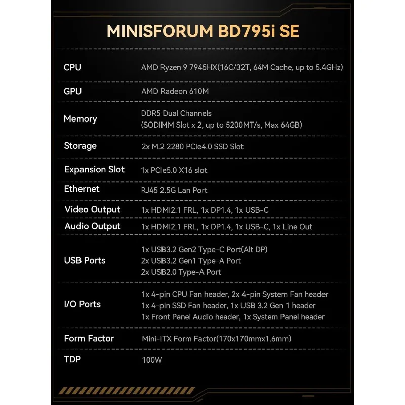 Материнская плата для настольных ПК BD795i SE Mini ITX, AMD Ryzen 9 7945HX (16C/32T), 2 слота DDR5, слот PCIe 5,0 x16, 2 шт. M.2 PCIe 4.