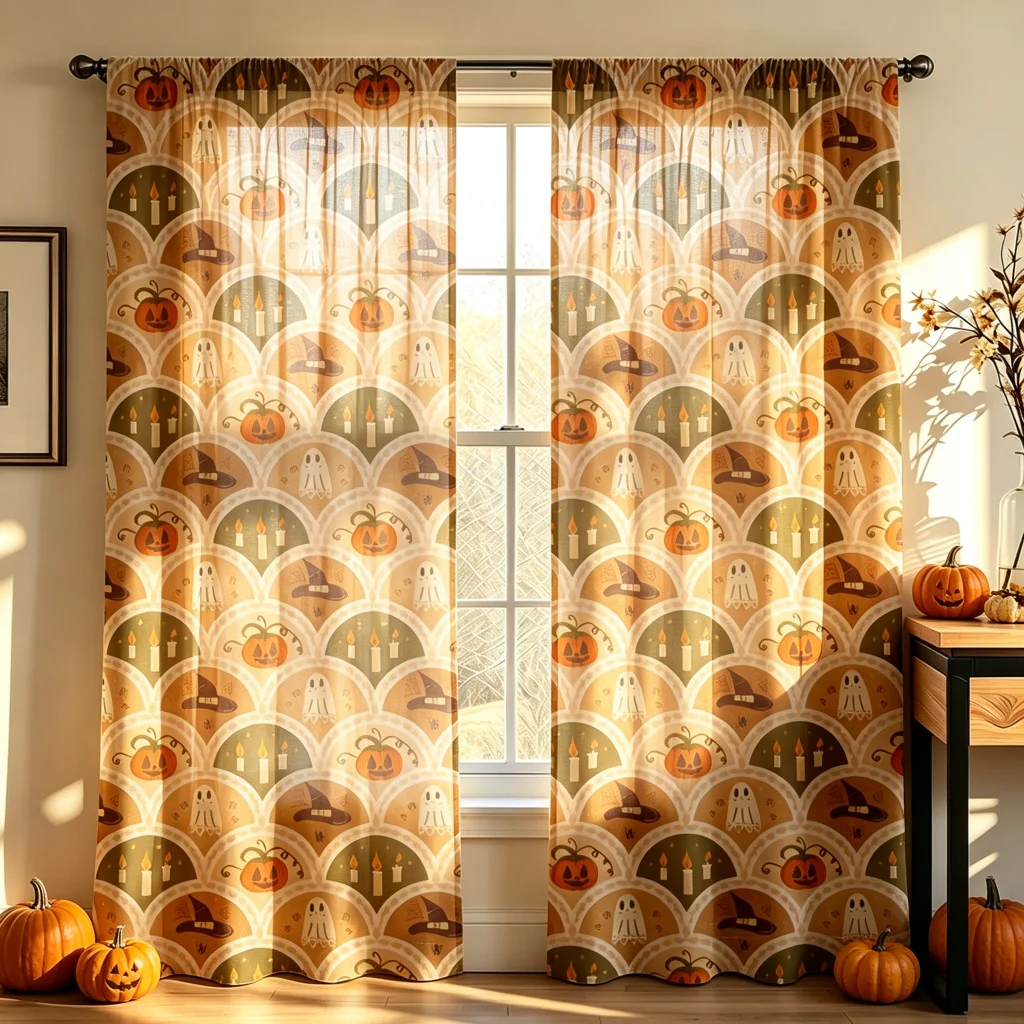 2PCS Halloween Fall Curtains, Pumpkin Ghost , Digital Print, Bedroom Living Room, Rod Pocket Polyester, Home Decor