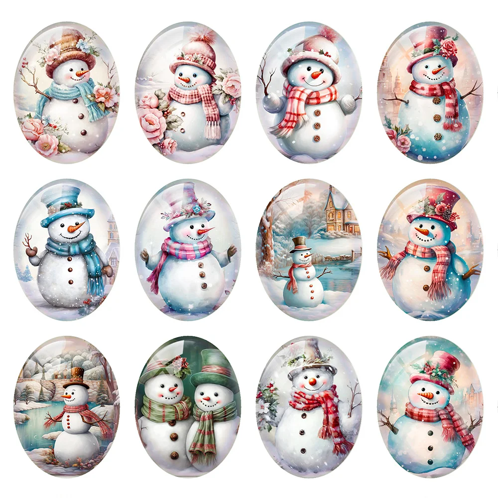 

10pcs/lot Handmade Christmas X-mas Cute Snowman Winter Snow Oval Photo Glass Cabochon Flatback Demo Cameo Diy Jewelry Making