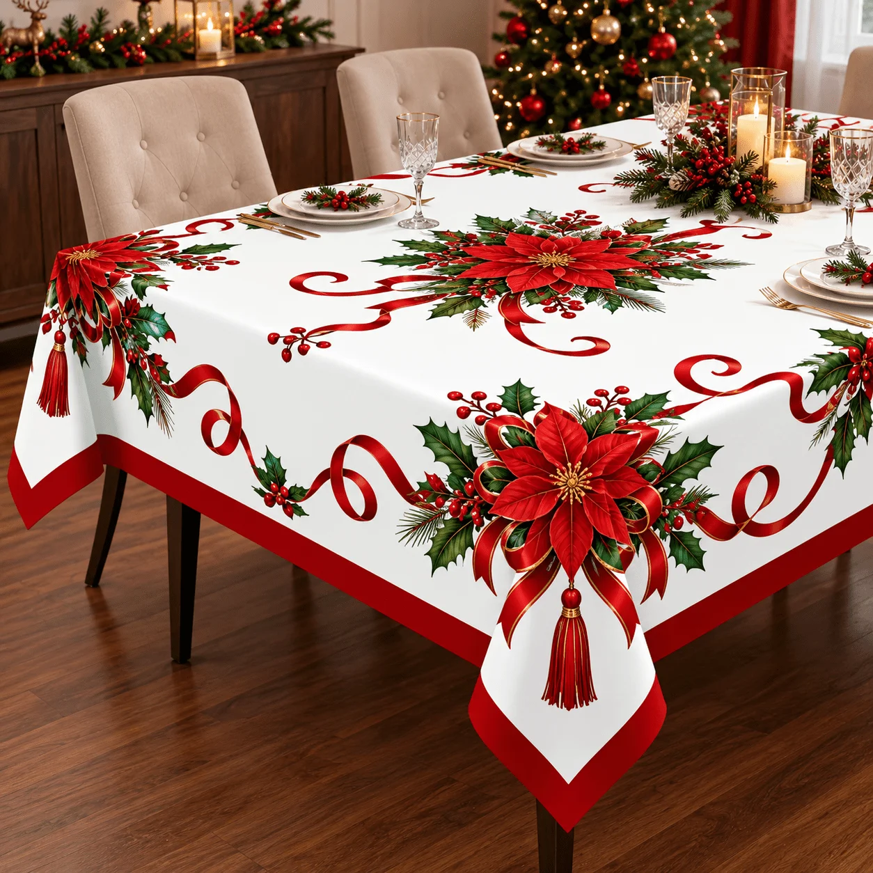 1 square tablecloth, Christmas printed tablecloth, red Christmas flower green leaf ribbon pattern, exquisite red edge design