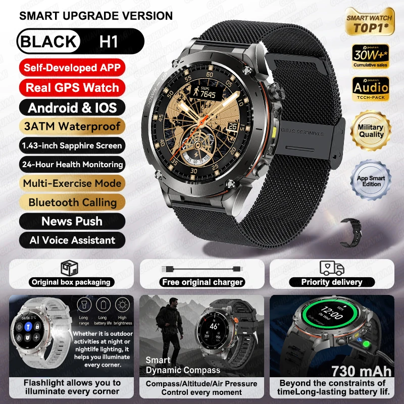 GUHUAVMI 2026 Neue GPS-Smartwatches, 10 ATM wasserdicht, integrierter Dualband-GNSS-Kompass, Militär, Sport, Herren, SWIM-Smartwatch für Android IOS 3