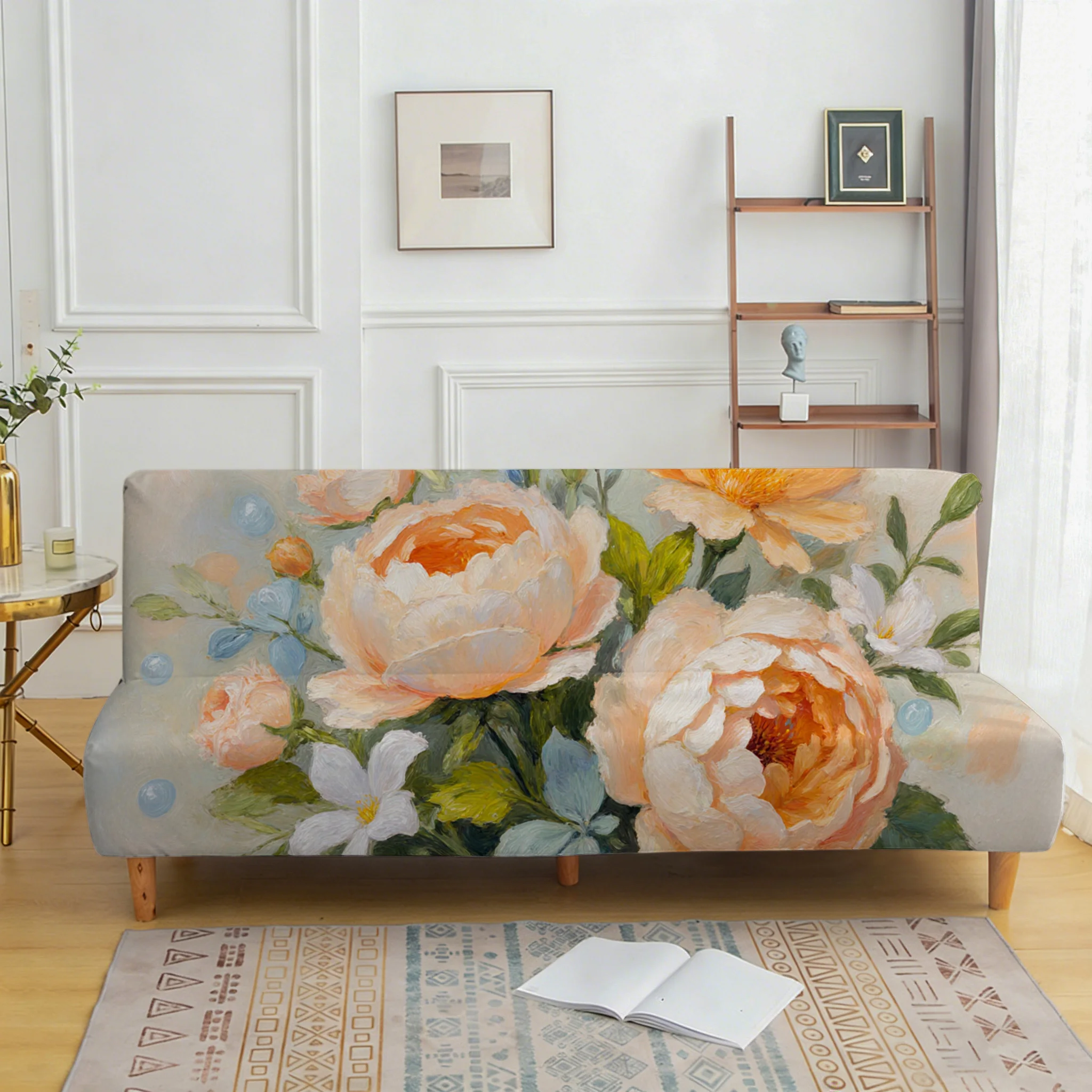 Warm orange pink peony bouquet elastic sofa cover, living room sofa cover, dustproof machine washable sofa cover
