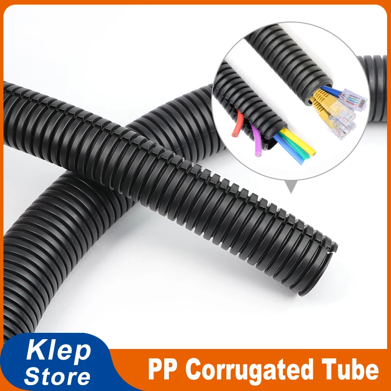 Black Corrugated Tube AD 7.5/10/11.6/13/28.5/34.5mm PP Insulated Split Loom Sleeving for Wire Cable Harness Threading Protection