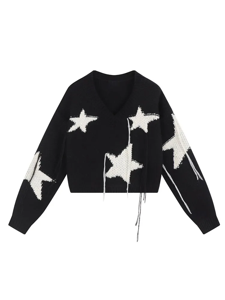 2023 Fall Winter Warm Harajuku Fashion O-neck Star Cropped Sweaters Long Sleeve Pullovers Top Woman 2000s Streetwear Jerseys New