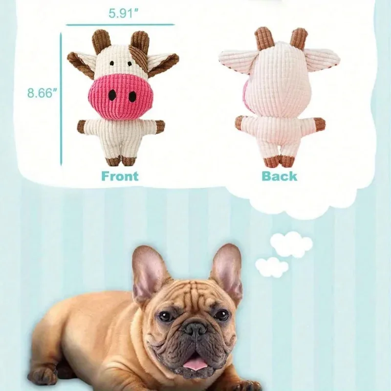 

Squeaky Plush Dog Toy Cow Shape Corduroy Chew Bone with Squeaker for Puppy Teething Chewing Molar Training Interactive