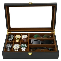 Watch Organizer Box,6 Watch 3 Slots Sunglasses Wooden Watch Organizer Box with Real Glass Top,Perfect Gifts for Family or Friend